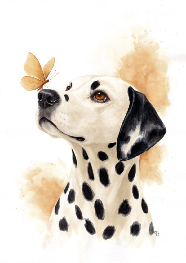 Dolcezza portrait aquarelle de chien Dalmatien avec un papillon dans une atmosphère douce et chaleureuse