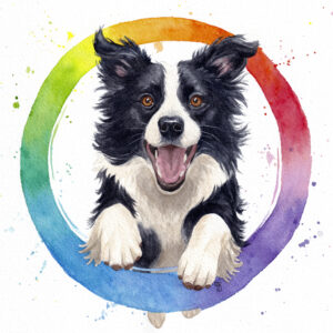 Happy Jump chien à l'aquarelle sautant dans un cercle multicolore, peinture aquarelle