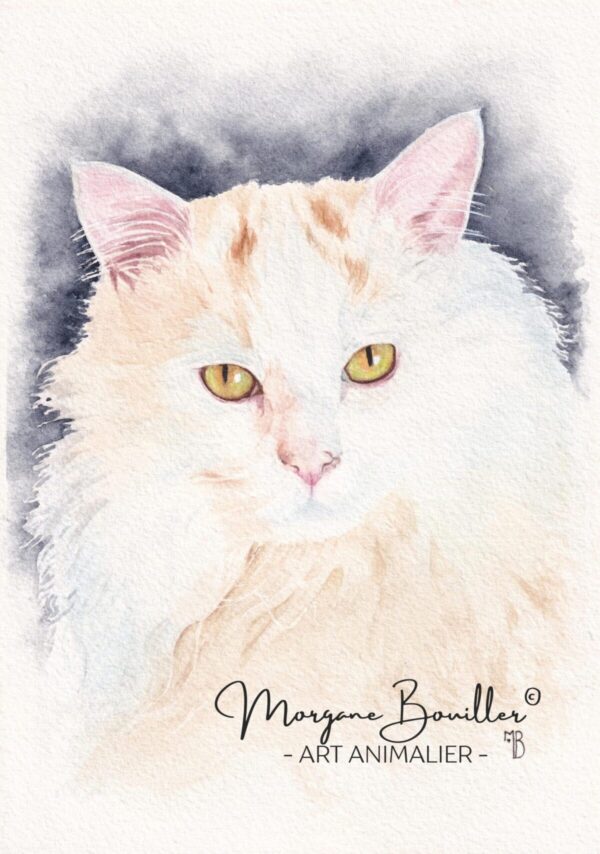 Poupoune Peinture fine à l'aquarelle d'un chat blanc