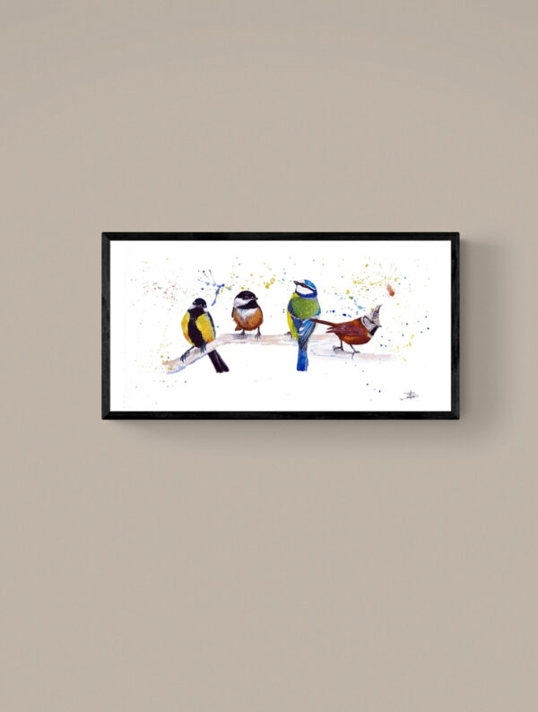 douces mesanges, tableau d'oiseaux avec cadre en bois noir