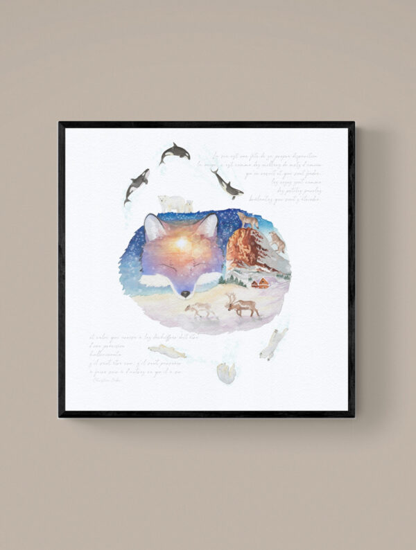 Douceur hivernale, illustration à l'aquarelle, avec cadre en bois