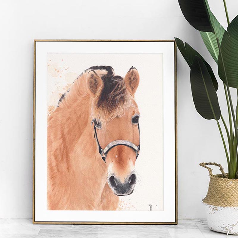 Portrait animalier à l'aquarelle d'un cheval Fjord