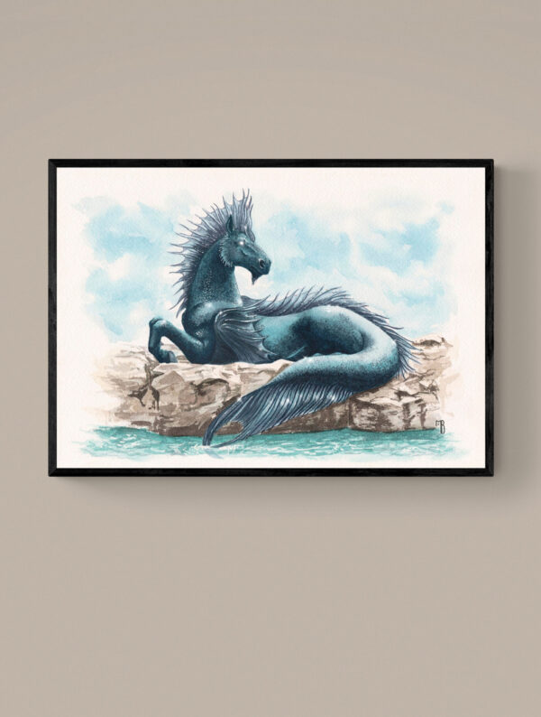 Mirage Olympien, illustration du légendaire cheval avec cadre en bois noir