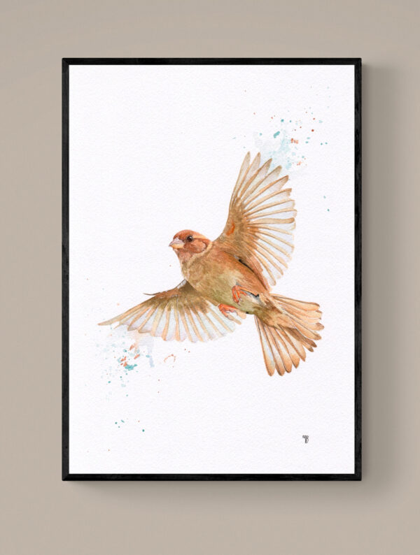 Illustration d'un moineau en vol, Portrait de chien Akita Inu avec cadre magnétique en bois naturel