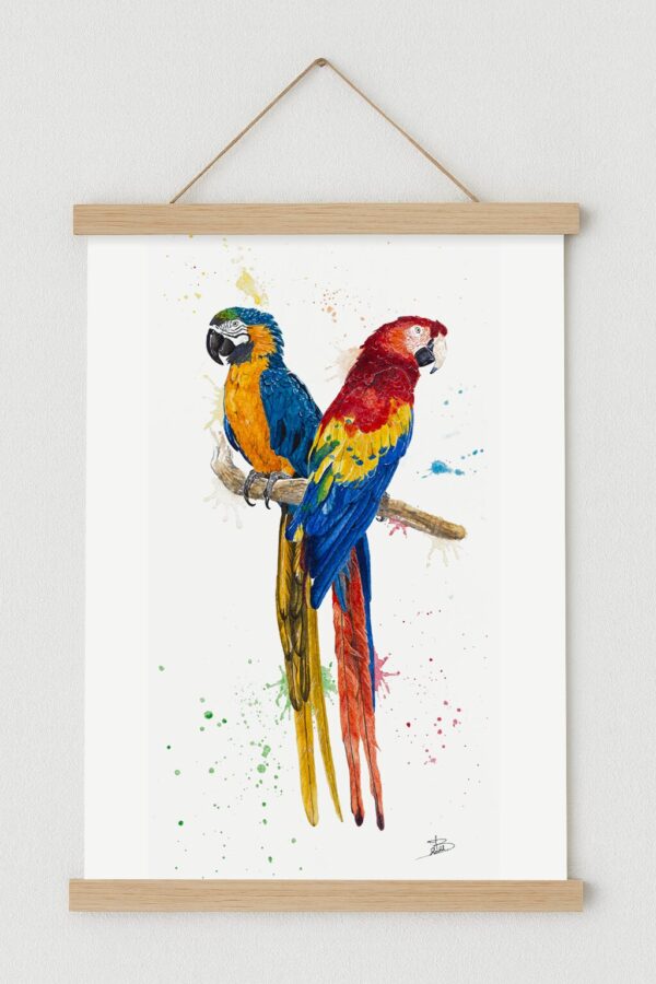 Illustration perroquets Aras avec cadre magnétique en bois naturel Illustration perroquets Aras avec cadre magnétique en bois naturel
