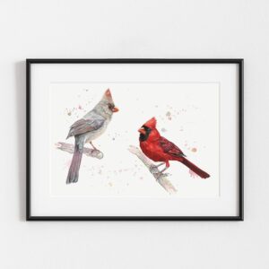 Cardinaux, aquarelle d'oiseaux, exemple d'encadrement
