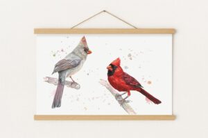 Oiseaux Cardinal, illustration avec cadre magnétique en bois naturel Oiseaux Cardinal, illustration avec cadre magnétique en bois naturel