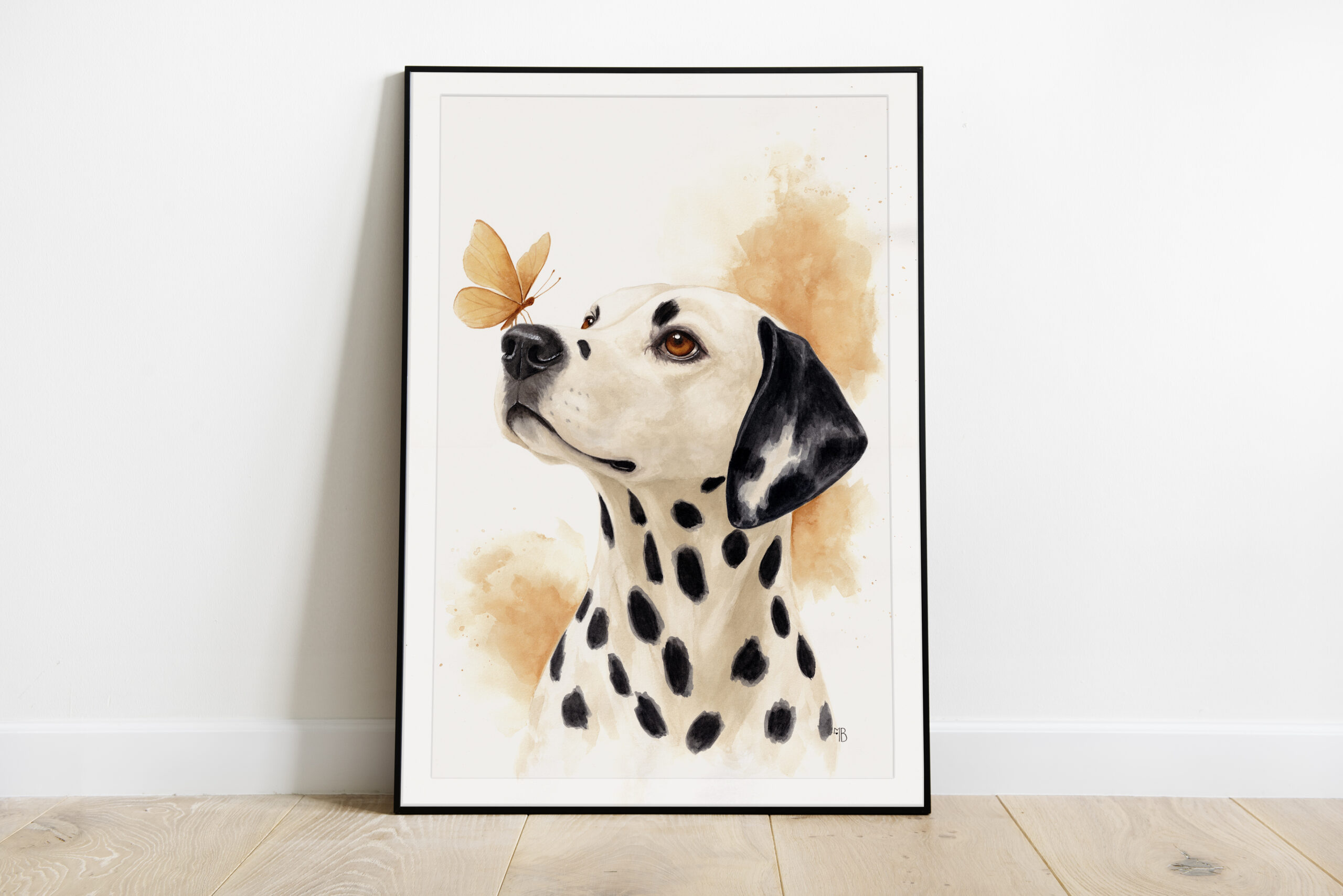 Portrait encadré d'un chien Dalmatien et d'un papillon posé sur sa truffe
