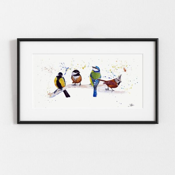 Douces Mésanges, peinture originales d'oiseaux, exemple d'encadrement