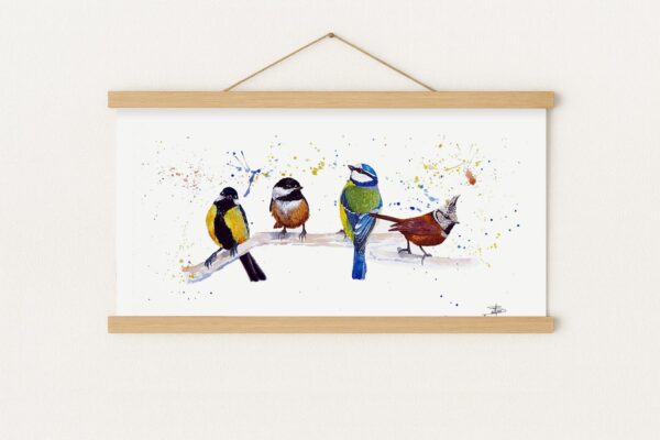 Illustration oiseaux des jardins, tableau de mésanges avec cadre magnétique en bois naturel