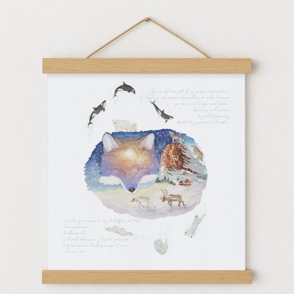 Illustration hivernale de renard, mis en valeur grâce à un cadre magnétique