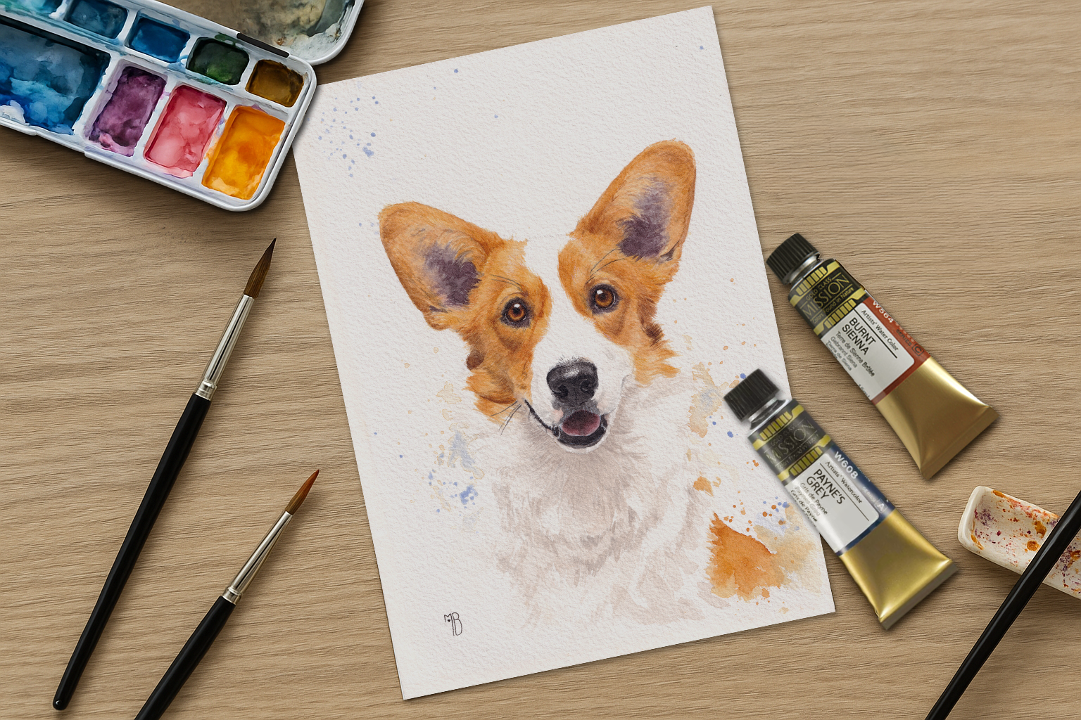 Peinture aquarelle de chien corgi, entourée de matériel de peinture, accueil de la boutique