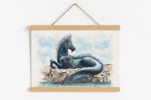 Mirage Olympien, par Morgane Bouiller, Illustratiuon du légendaire cheval de l'eau Hippocampe, avec cadre magnétique en bois naturel Illustratiuon du légendaire cheval de l'eau Hippocampe, avec cadre magnétique en bois naturel