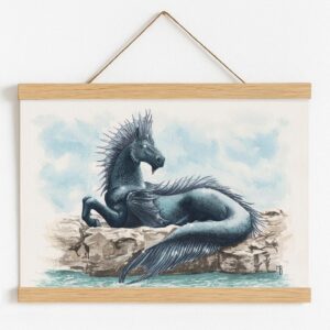 Illustratiuon du légendaire cheval de l'eau Hippocampe, avec cadre magnétique en bois naturel