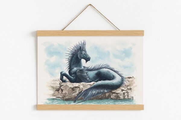 Illustratiuon du légendaire cheval de l'eau Hippocampe, avec cadre magnétique en bois naturel