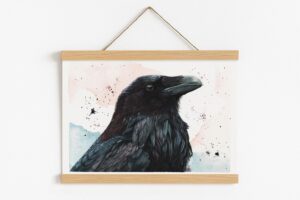 Huginn, Illustration de corbeau encadrée avec un cadre magnétique en bois Illustration de corbeau encadrée avec un cadre magnétique en bois