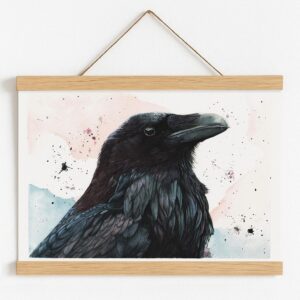 Illustration de corbeau encadrée avec un cadre magnétique en bois