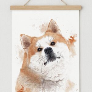 Portrait de chien Akita Inu avec cadre magnétique en bois naturel