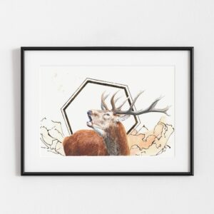 Le Brame, tableau de cerf original, exemple d'encadrement avec cadre noir et passe-partout