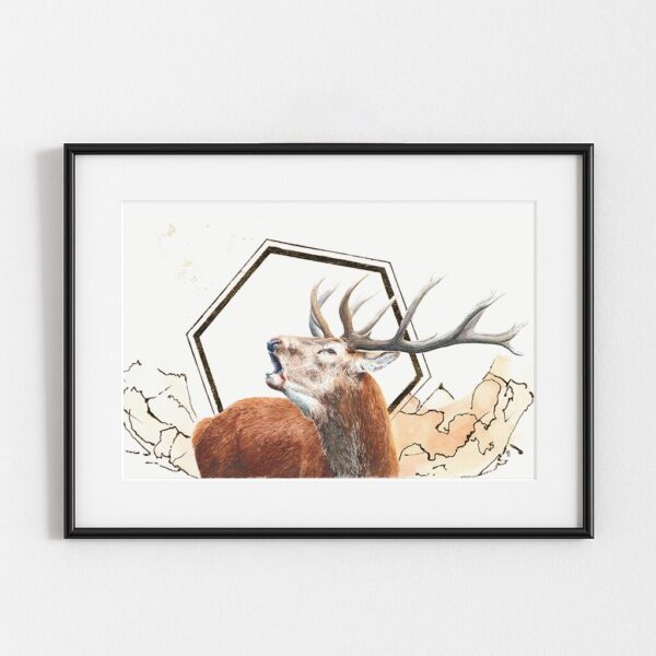 Le Brame, tableau de cerf original, exemple d'encadrement avec cadre noir et passe-partout