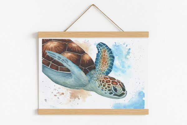 Oceanica, illustration tortue marine avec cadre magnétique en bois naturel