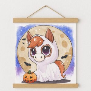 Illustration poney Halloween déguisé en fantôme pour halloween, mise en valeur grâce à un cadre magnétique