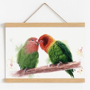 Tendre tropique, tableau oiseaux inséparables avec cadre magnétique en bois naturel