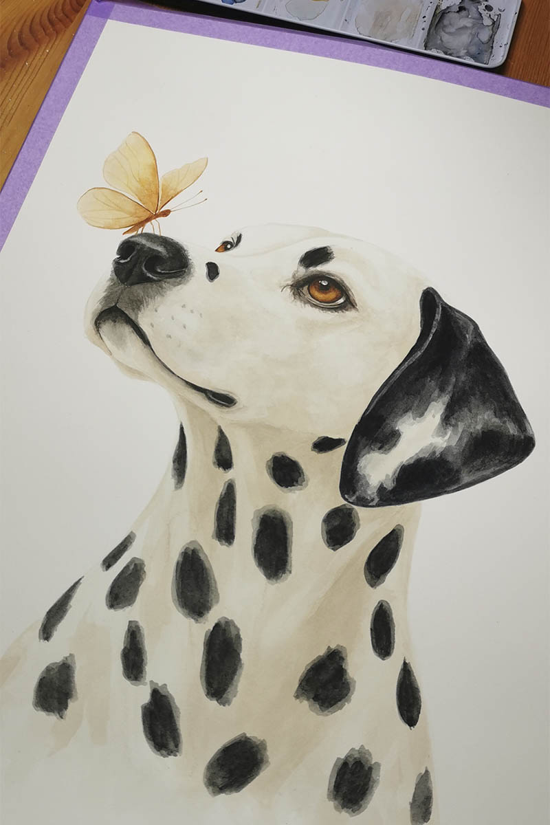 lavis progressif – portrait chien personnalisé, premières couches, rendu fidèle et réaliste