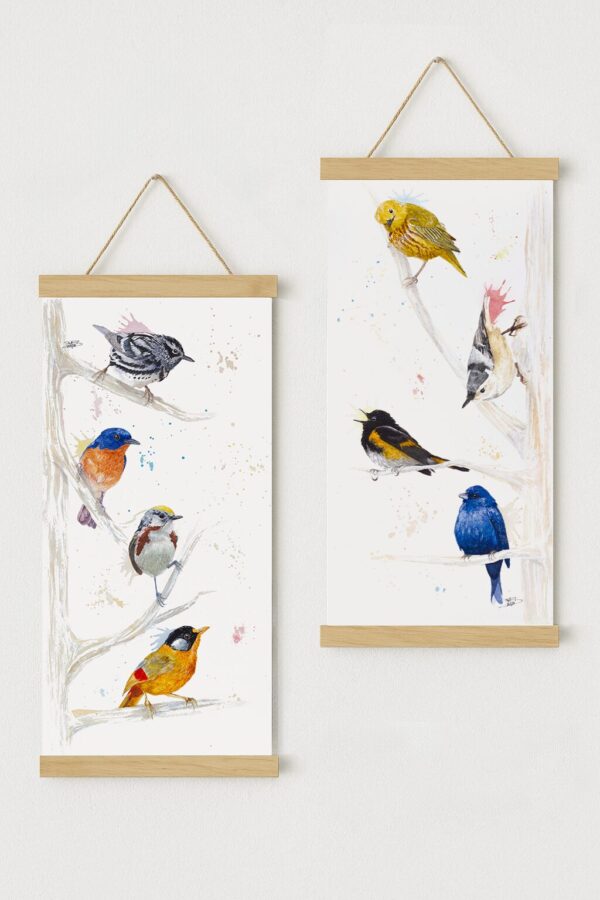 Exemple avec le dyptique l'Appel Tableau d'oiseaux mis en valeur par des cadres kakemono en bois clair