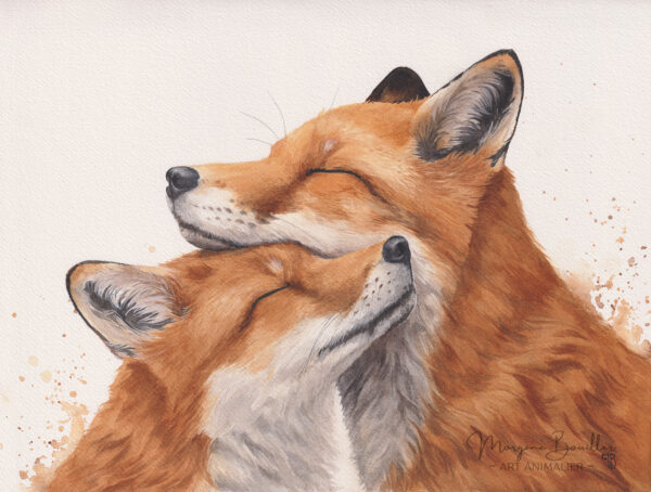 Flammes Jumelles, couple de renards par Morgane Bouiller Tableau de renards précieux, peinture aquarelle par Morgane Bouiller