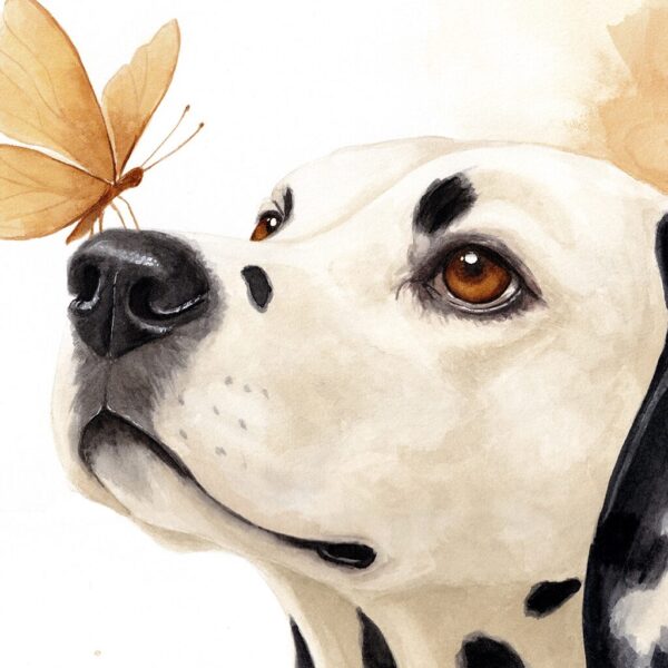 Zoom sur Dolcezza, portrait de chien dalmatien peint à l'aquarelle par Morgane Bouiller Zoom sur Dolcezza, portrait de chien dalmatien poétique et spirituel
