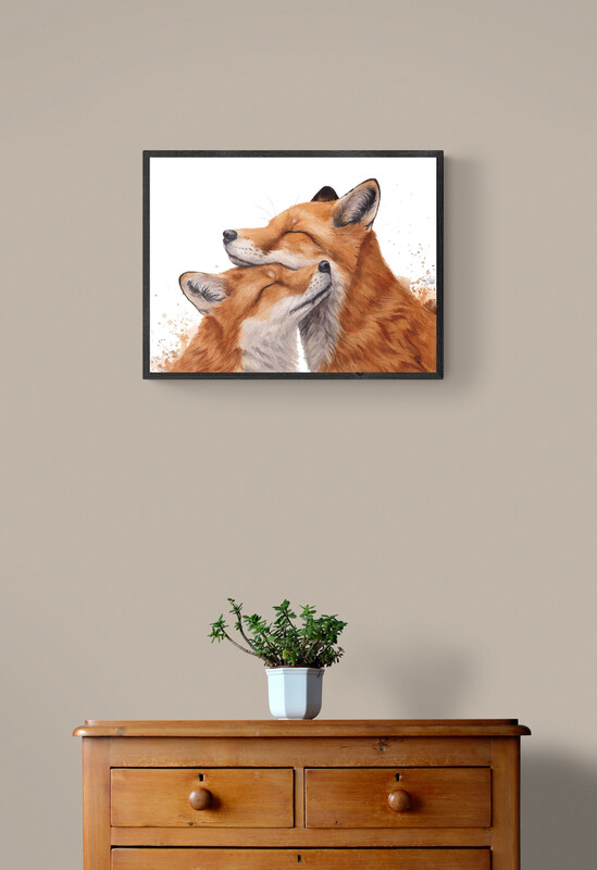 Exemple d'encadrement d'un tirage d'art de renards, décoration murale renards